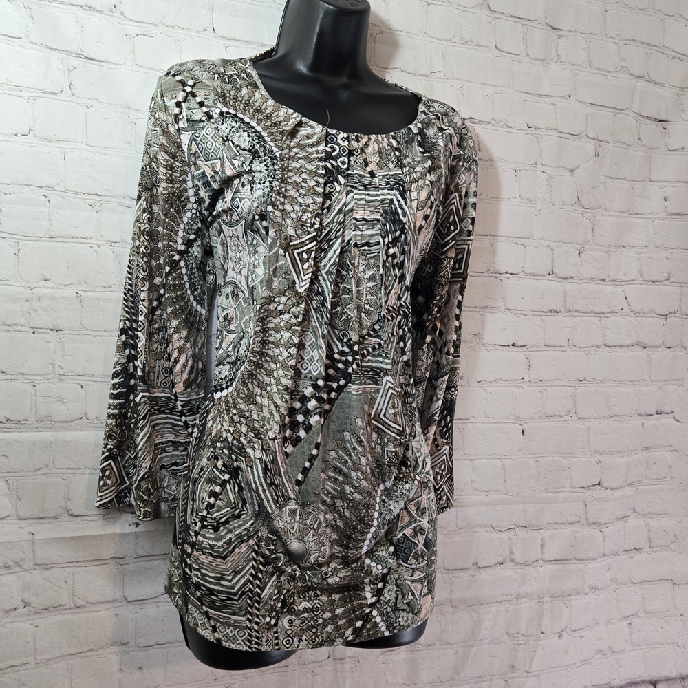 N Touch Art Deco Pintucked Long Sleeve Stretch Blouse Sz M Euro Lagenlook